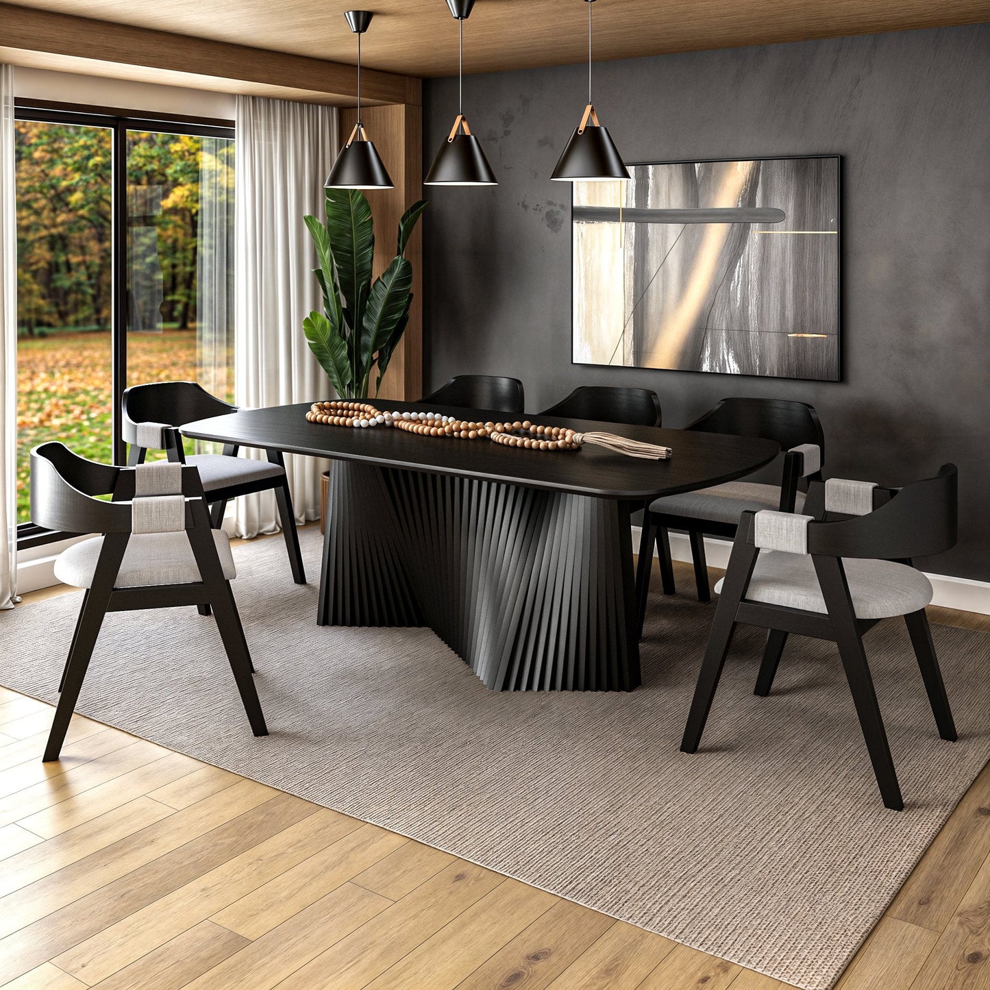 Conjunto de Mesa Orgânica Triangulo Cannes Base Redonda Ripada com + 6 Cadeiras Michela de Telinha Tecido em Linho Rustico cor Bege 417