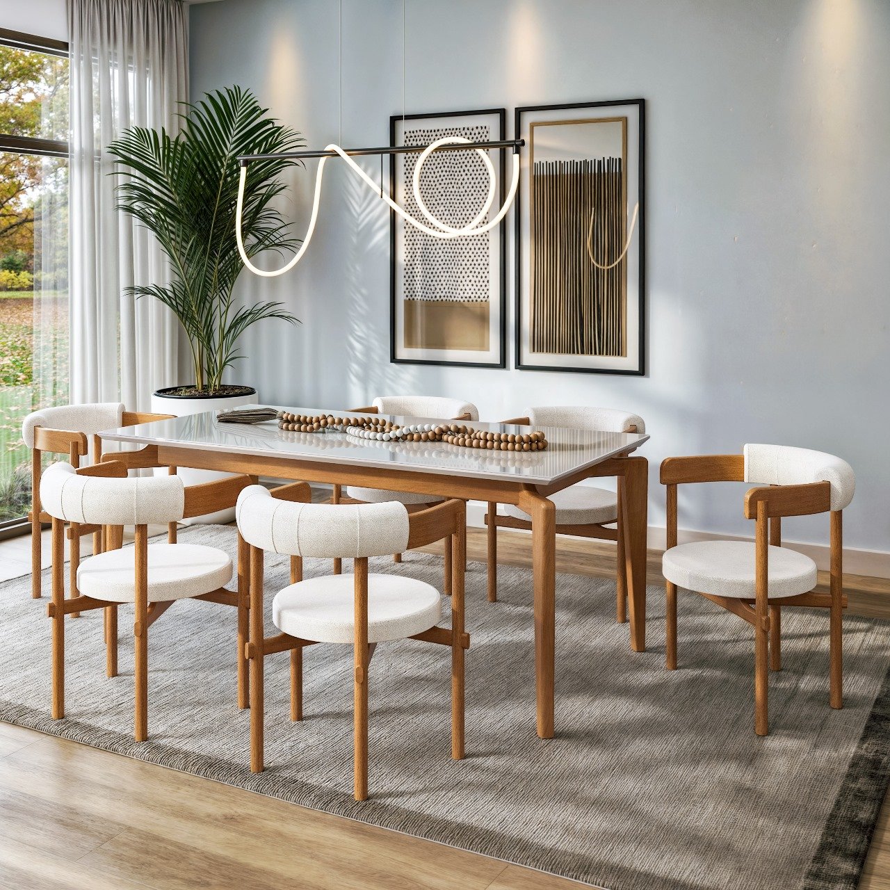 Conjunto de Mesa Oval Oslo com Tampo de Vidro na cor Fendi Base Oval com Cadeiras Alexandria de Telinha no Linho Bege 288