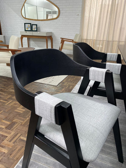 Conjunto de Mesa Orgânica Triangulo Cannes Base Redonda Ripada com + 6 Cadeiras Michela de Telinha Tecido em Linho Rustico cor Bege 417