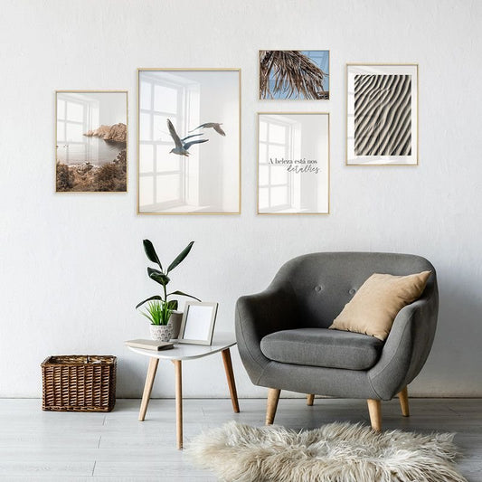 Dupla de Quadros em Vidro Gaivotas Minimalista Vida para Sala  Beleza nos Detalhes Slim Natural - 40x60 - 30x40